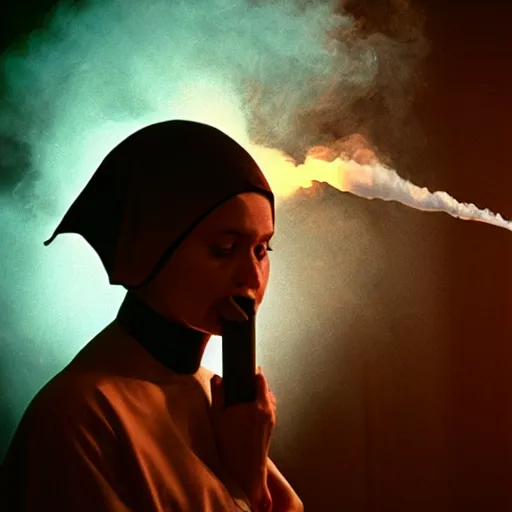 Image similar to a nun exhaling a huge smoke cloud from a cross shaped bong, film still, cinematic lighting