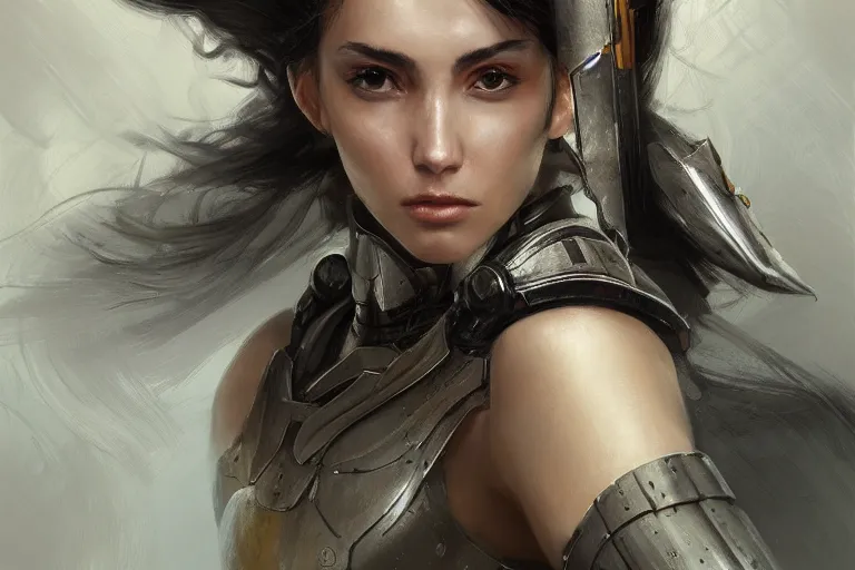 Prompt: a portrait of an attractive young woman, clothed in battle armor, olive skin, long dark hair, beautiful bone structure, symmetrical facial features, intricate, elegant, highly detailed, digital painting, trending on Artstation, concept art, smooth, sharp focus, illustration, from Metal Gear by Ruan Jia and Mandy Jurgens and Artgerm and greg rutkowski and william-adolphe bouguerea, award winning