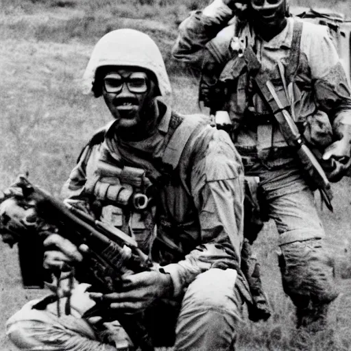 Image similar to dinosaurs in the vietnam war fighting alongside us soldiers in the vietnam war, black and white, eddie adams, david burnett