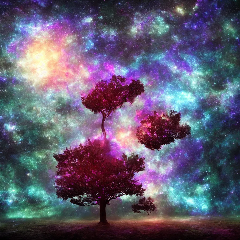 Image similar to Tree in a galaxy made of stars, space, nebulas stars Dmt Psychedelic cosmos, cosmic, Hallucination, night sky; 8k, artstation, unreal engine, octane render, hdr, surrealistic, hyperrealism, glow, photorealistic, volumetric lighting, Dreamy, dynamic, mystical