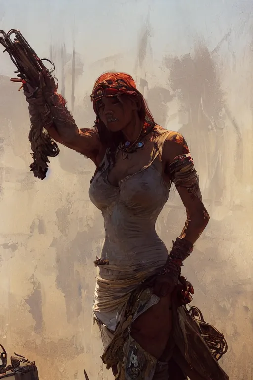 Prompt: a full body portrait of a beautiful post apocalyptic offworld police district bedouin blind pulp fiction scarlet wild rogue barbarian leper begging by the roadside, intricate, elegant, highly detailed, digital painting, artstation, concept art, smooth, sharp focus, illustration, art by krenz cushart and artem demura and alphonse mucha