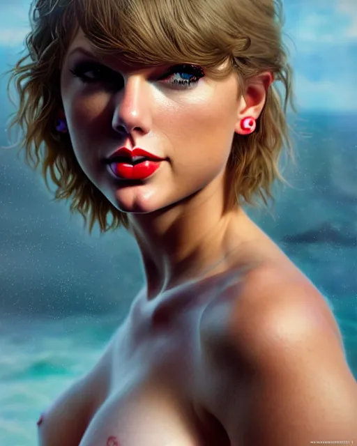 Image similar to 3 / 4 view of a portrait of taylor swift wears compact bikini, evangelion, au naturel, hyper detailed, digital art, trending in artstation, cinematic lighting, studio quality, smooth render, frostbite 3 engine rendered, art style by klimt and nixeu and ian sprigger and wlop and krenz cushart