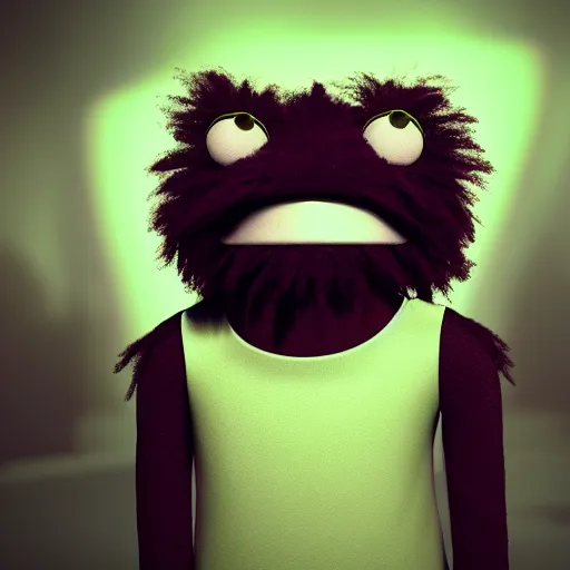 Image similar to focus portrait of dark angry muppet in night, dark forest background, bokeh, octane render