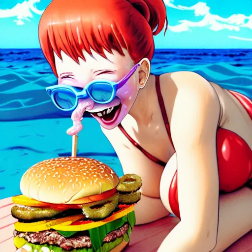 Image similar to Extremely Detailed and Full Portrait scene of Gooey Ocean scene in ink and refined sand, Red head pigtail anime woman with freckles on her face and shades on face. wearing a sundress full body smiling while eating a sloppy cheese burger. The cheeseburger is leaking red sauce all over the place by Akihito Yoshitomi AND Yoji Shinkawa AND Greg Rutkowski, Mark Arian trending on artstation