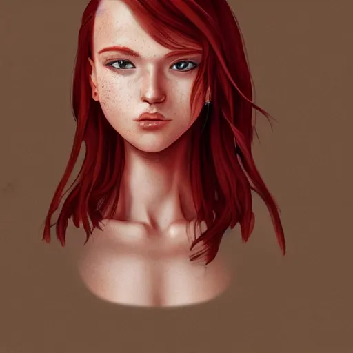 Image similar to a comic portrait of a red haired teenager girl, fine - face, realistic shaded perfect face, freckles, fine details, day setting. realistic shaded lighting poster by eric - anthony johnson and kentaro miura style, trending on art station