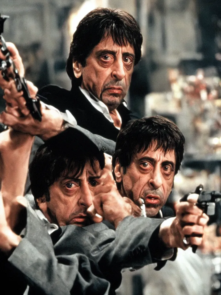 Image similar to medium shot. cogerent eyes. detailed face. al pacino as scarface. scarface movie. posterization.