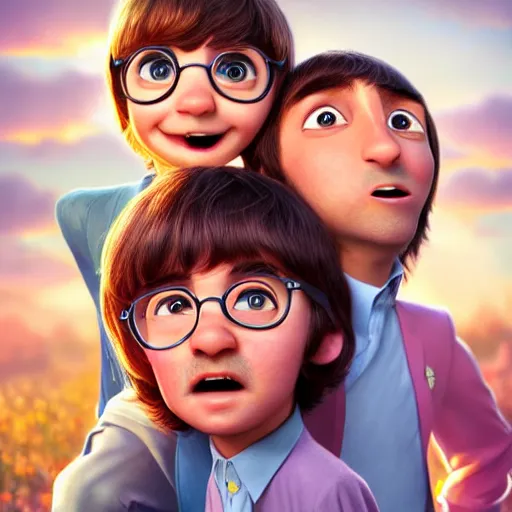 Image similar to a portrait of the beatlesn as pixar characters, beautiful, elegant, extremely detailed digital art, trending on artstation hyper realistic matte painting, by wlop, artgerm