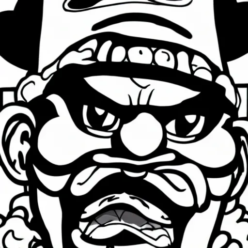 Image similar to Wario in style of fear and loathing in las vegas,black and white