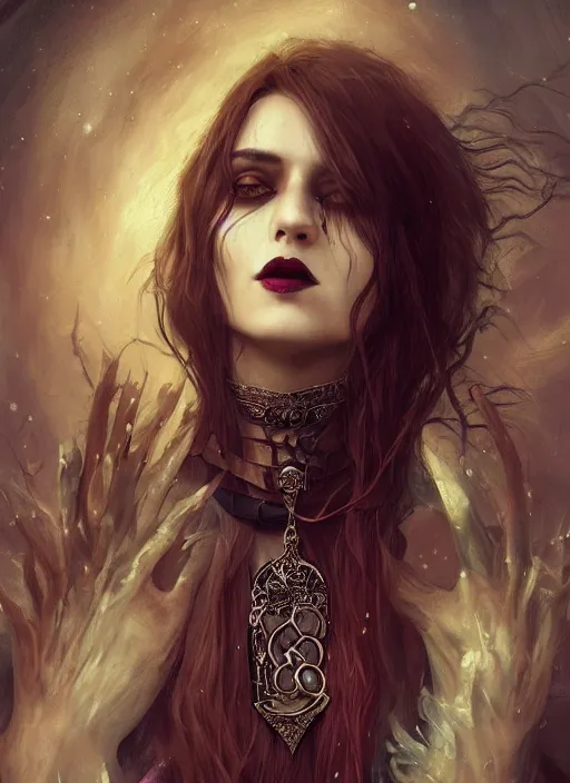 Prompt: tarot!!, pale, beautiful witch with long hair, fantasy medieval, jeweled choker, vivid colors, elegant, concept art, sharp focus, beautiful face!!, digital art, Hyper-realistic, 4K, Unreal Engine, Highly Detailed, Dramatic Lighting, Beautiful, by Brom, trending on Artstation, Tom Bagshaw, Sargent