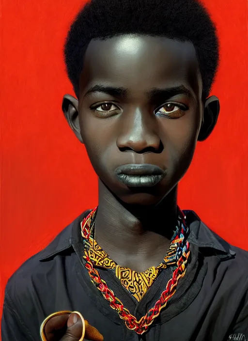 Image similar to portrait of a african teen boy with a crooked nose and a confident expression, 1 9 6 0 s, black clothes, goth, punk, brightly coloured hair, funk, intricate, elegant, highly detailed, digital painting, artstation, concept art, smooth, sharp focus, illustration, art by wlop, mars ravelo and greg rutkowski