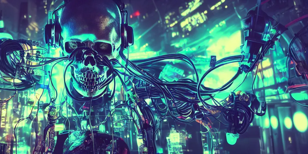 Image similar to a photorealistic cyberpunk skull, wearing headphones, bundles of electronic wires and cables coming out of its mouth, its eyes lighting up with LED lights, on stage at a party, vaporwave, scifi, trending on artstation, 4K, cinematic, epic lighting effects, strobe and laser lights, UHD, HDR