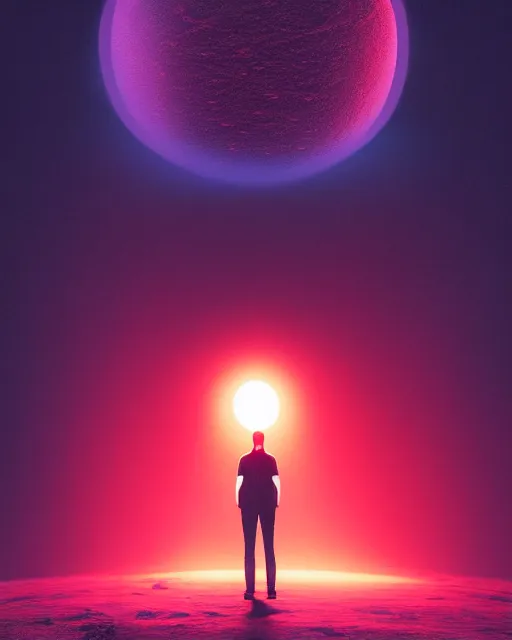 Image similar to a person standing in front of a glowy open door that's on a barren moon, poster art by mike winkelmann, trending on cg society, space art, sci - fi, ue 5, futuristic, volumetric lighting, light casting onto the ground, neat composition and camera angle