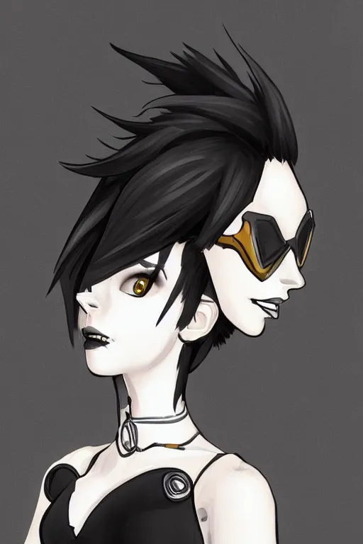 Image similar to “ digital illustration of tracer from overwatch in a dark goth style, wearing black lipstick and a black outfit, 4 k, artstation, detailed face, neutral expression ”