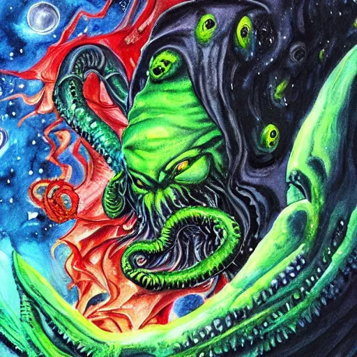 Prompt: cthulhu the horror in space. watercolor. vibrant. amazing painting. beautiful. high resolution. highly realistic. cool tones. close - up.