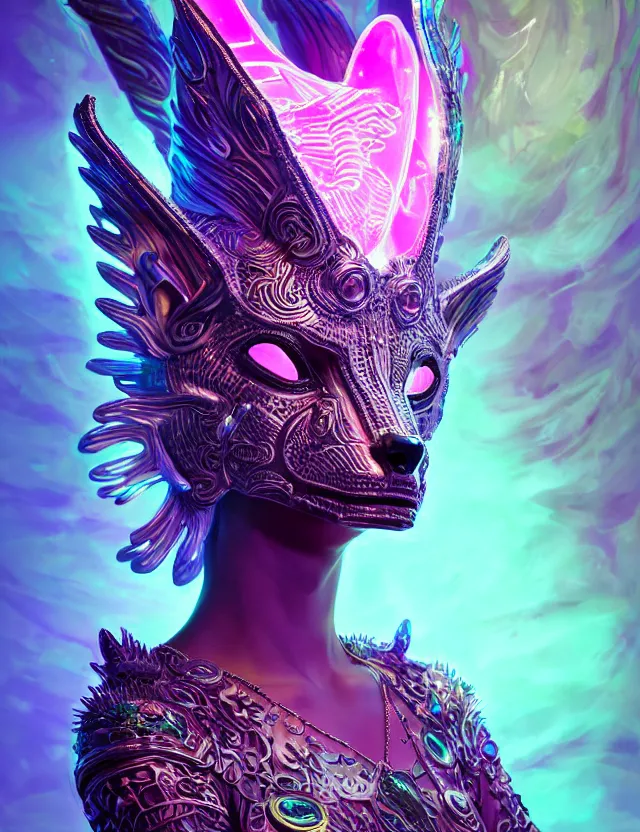 Prompt: 3 d goddess medium shot portrait with hyperdimensional totem implants. beautiful intricately detailed avante garde wolf mask and retrowave sorceress outfit. neon lizards, bio luminescent, water, plasma, creature, artwork by tooth wu and wlop and android jones and beetle and greg rutkowski