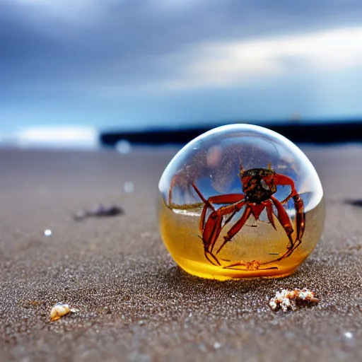Prompt: a transparent sphere on a beach with a crab looking at it