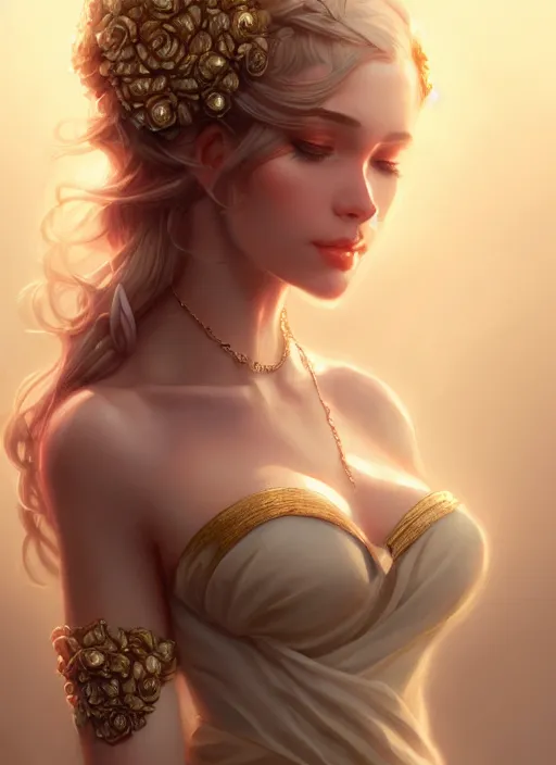 Image similar to modern goddess of beauty wide angle view, roses, flowers, gold, diamonds, highly detailed, artgerm, cushart krenz, artstation, soft light, sharp focus, illustration, character design, concept art