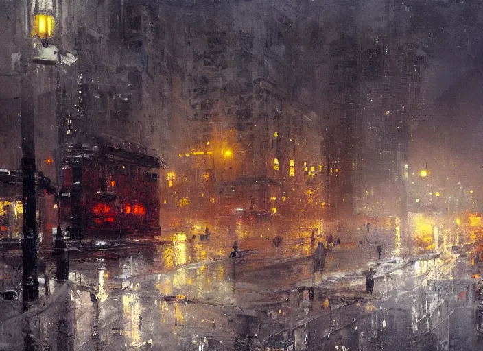 Image similar to painting of a cityscape in winter by jeremy mann, street - level, dripping oil paint, thick brushstrokes, high resolution