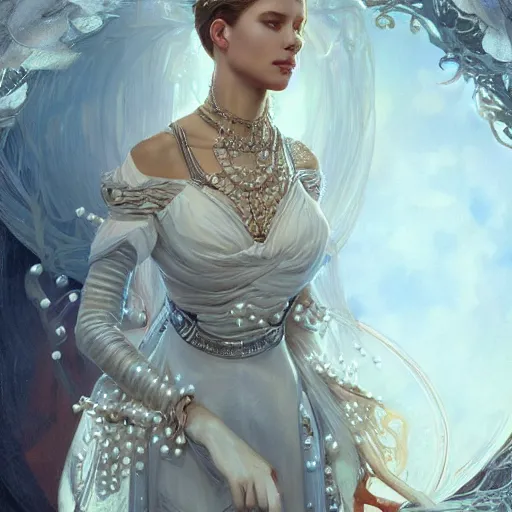 Prompt: a realistic liquid queen with a decorated dress made of white pearls , highly detailed, digital painting, Trending on artstation , HD quality, by artgerm and greg rutkowski and alphonse mucha, dramatic light, octane upscale max