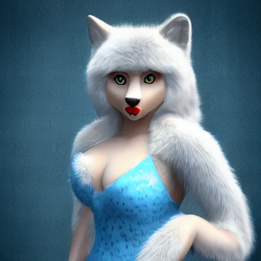 Prompt: 3 d render, well toned, large, female anthropomorphic wolf, blue fur with white spots, icey blue dress.