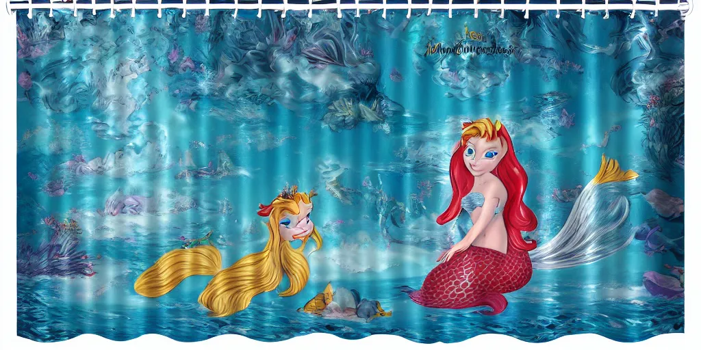 Image similar to a ( ( main coon kitten ) ) little mermaid themed shower curtain, shower curtain product photography. digital art. 4 k, highly detailed. saturated.