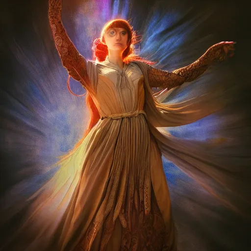 Prompt: portrait of a human mage ,fantasy, D&D, HDR, natural light, medium close shot, dynamic pose, award winning photograph, Mucha style