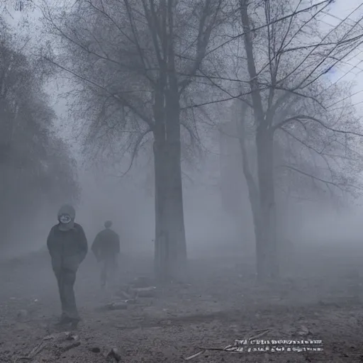 Image similar to flash photograph of an abandoned rundown soviet town with dense fog and men wearing gas masks