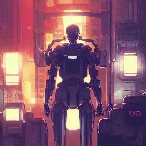 Image similar to a japanese cyberpunk robot, finely detailed features, cyborg robot parts with glowing lights!, dramatic cinematic, night, at cyberpunk city, ghost in the shell, akira, noir, painted by greg rutkowski makoto shinkai takashi takeuchi craig mullins, alphonse mucha, studio ghibli, pixiv