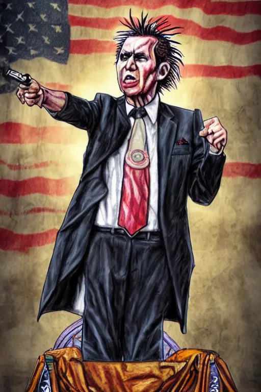 Image similar to first punk president of usa, high definition, 8 0 m. m lens, realistic, sketch and art by jacqueline e, mongezi ncaphayi, color by bo feng lin