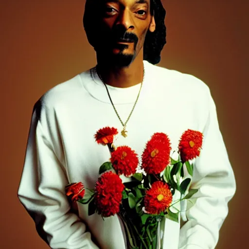 Prompt: Snoop Dogg holding a Vase of flowers for a 1990s sitcom tv show, epic lighting, Studio Photograph, portrait, C 12.0