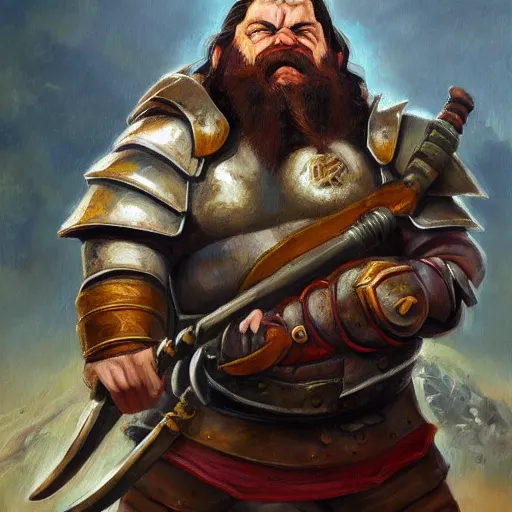Image similar to A dwarven warrior holding his weapon backwards while crockeyed with a furrowed brow, oil painting, portrait, d&d, armored