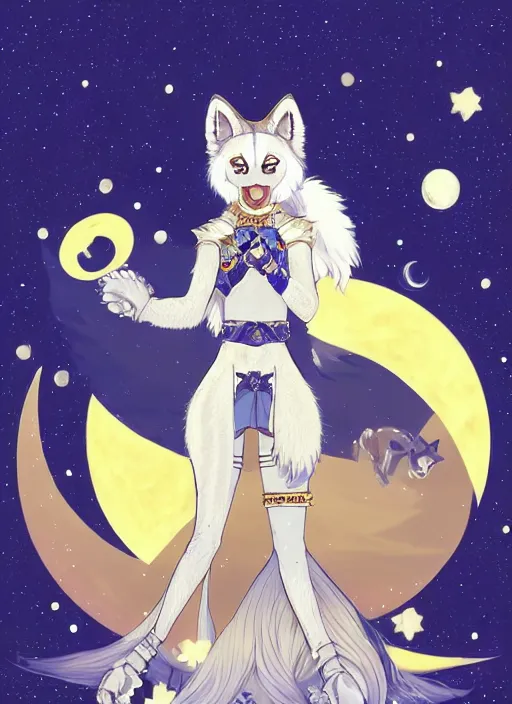 Image similar to commissioned full body portrait of a female anthro wolf princess fursona with a furry wolf head and white hair wearing a blue and gold Japanese armored dress in a white and gold palace on a starry night with a large crescent moon, by a professional manga illustrator, by Kilian Eng, by Sandra Chevrier, trending on artstation