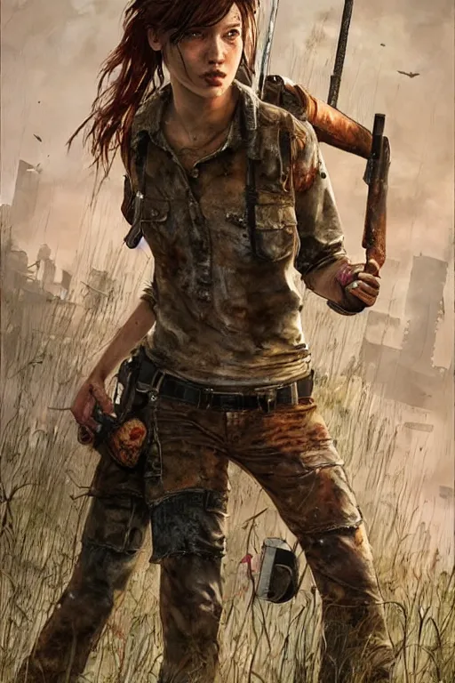 Prompt: bella ramsey as ellie in the last of us, dirt, fashion, fantasy, art by ayami kojima, vasnetsov, cedric peyravernay