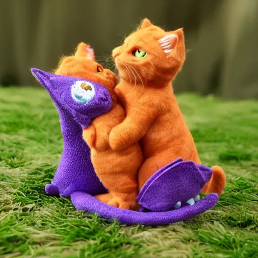 Image similar to cute small purple dragon snuggling orange tabby cat, orange tabby cat hugging tiny purple dragon, realistic