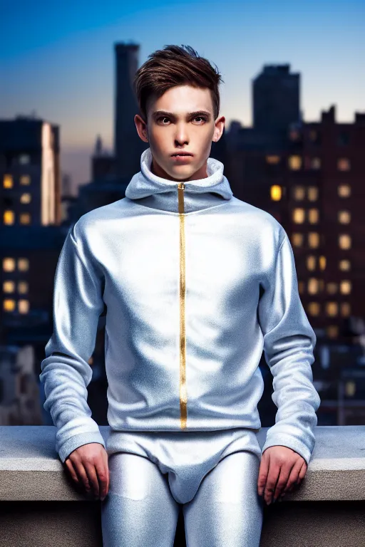 Image similar to un ultra high definition studio quality photographic art portrait of a young man standing on the rooftop of a british apartment building wearing soft padded silver pearlescent clothing. three point light. extremely detailed. golden ratio, ray tracing, volumetric light, shallow depth of field. set dressed.