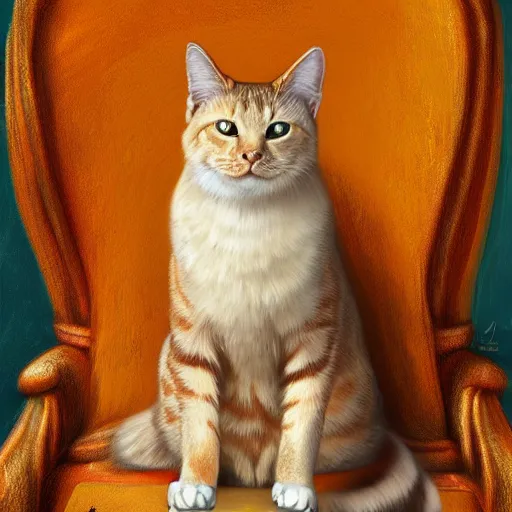 Image similar to portrait of orange marquess the cat, reneissance, sitting on throne, antropomorphic, fantasy digital art, art station