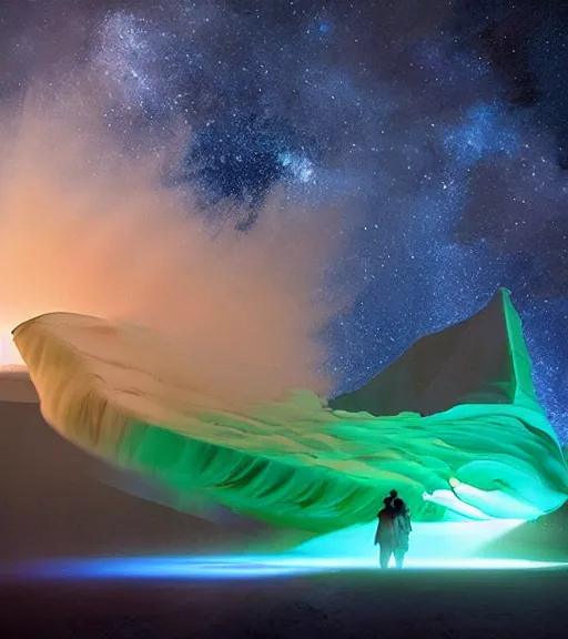 Image similar to lokah samastah sukhino bhavantu, light painting, drone, volumetric lighting, majestic light, ethereal, hyperrealistic, epic, masterpiece, by reuben wu