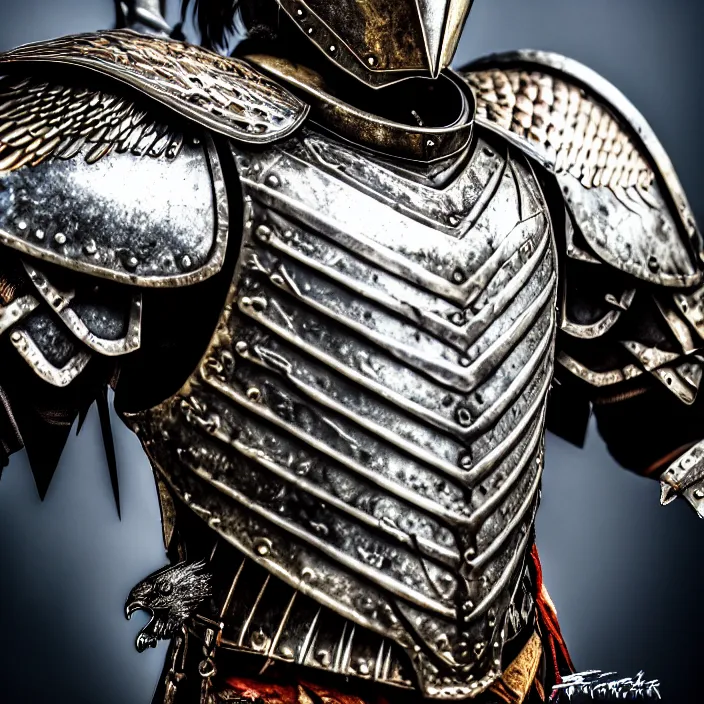 Image similar to photo of a warrior with metal eagle themed armour, highly detailed, 4 k, hdr, smooth, sharp focus, high resolution, award - winning photo