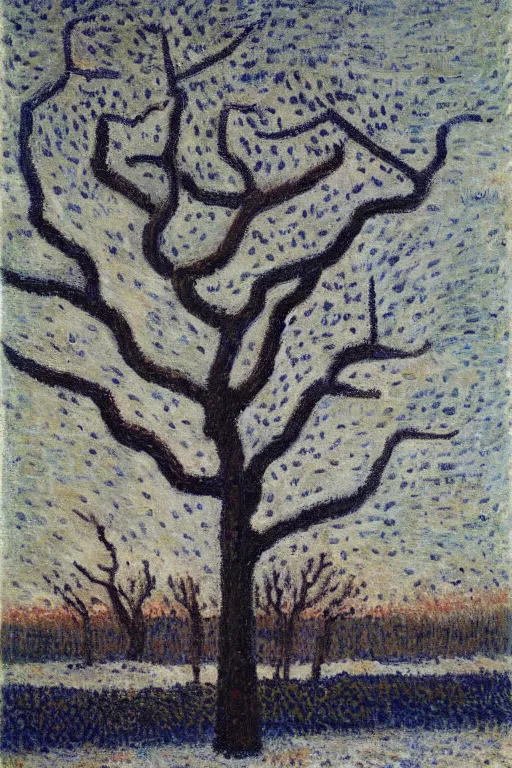 Image similar to still life oil painting of a huge tree on a barren winter landscape soft edges, medium saturation, high contrast, gustave loiseau