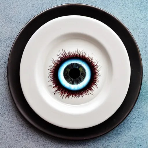 Prompt: an eyeball sitting on a plate and slowly melting into a puddle of good