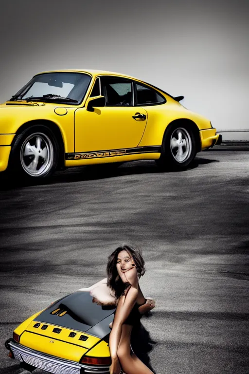 Image similar to Photo of a beautiful model leaning on a yellow Porsche 911 Carrera 3.2, daylight, dramatic lighting, award winning, highly detailed, fine art poster