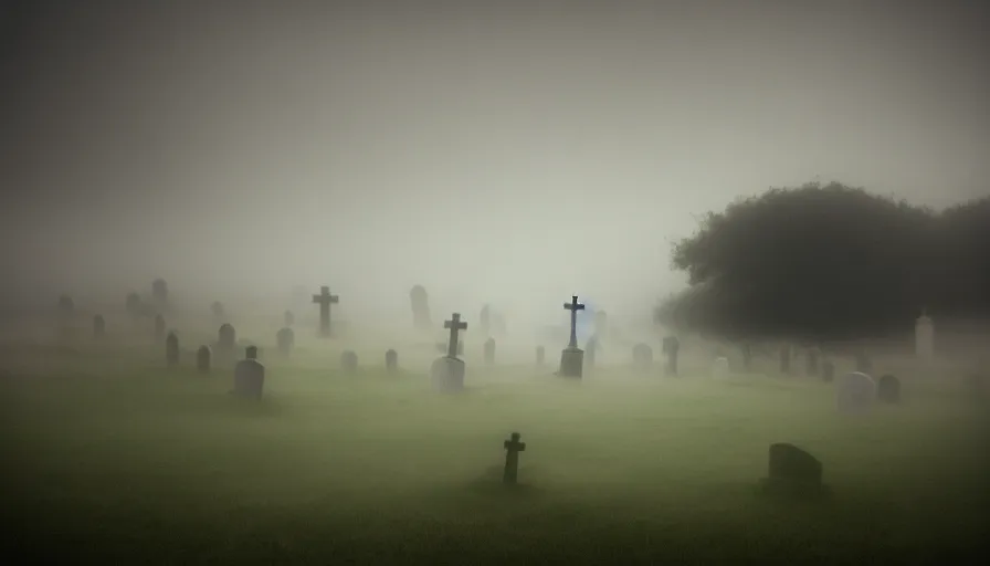 Image similar to a photograph of a ghost floating above a cemetary by a beach, ethereal, misty, muted colors, landscape