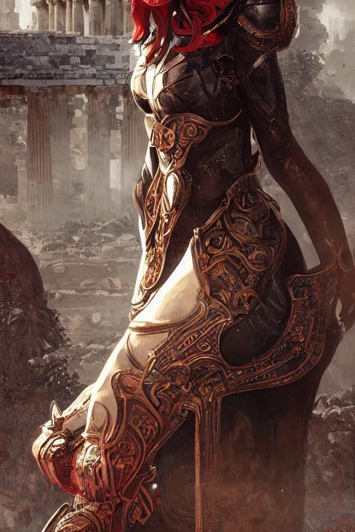 Image similar to portrait knights of Zodiac girl, metallic black and reddish reflected armor, in ruined Agora of Athens, ssci-fi, fantasy, intricate, very very beautiful, elegant, highly detailed, digital painting, artstation, concept art, smooth, sharp focus, illustration, art by tian zi and WLOP and alphonse mucha