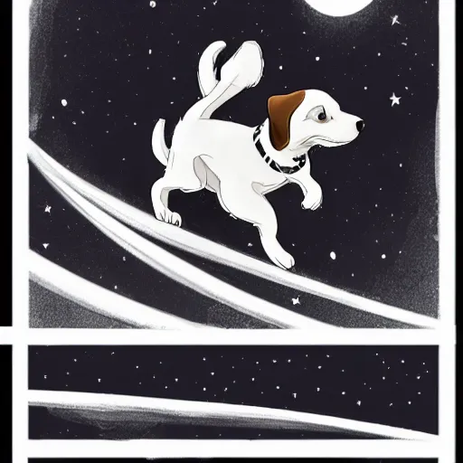 Prompt: cute jack black and white russel terrier jumping over the moon in the night sky, large round eyes, concept art, game art, character sheet, character design, by cory loftis and bill schwab