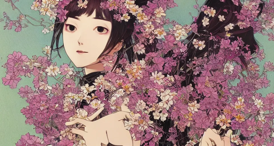 Image similar to oil painting, long shot, beautiful floralpunk japanese bio mechanical female illustration detailed patterns art of japan traditional dress, flower pop art, floral splash painting, art by ashley wood, alphonse mucha, makoto shinkai, geof darrow, dark shadow