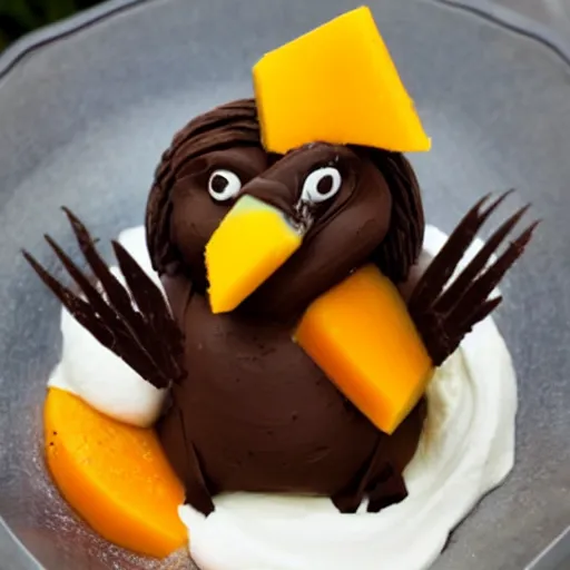 Image similar to a bald eagle made of chocolate powder, mango, and whipped cream