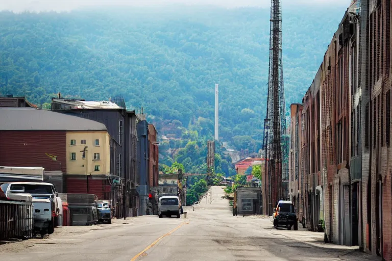 Image similar to looking down street, warehouses lining the street. forested hills background with radio tower on top. telephoto lens compression.