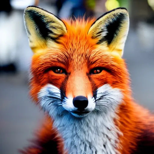 Image similar to portrait of a fox fursuiter posing for the camera at a furry convention, outdoors in the city, realisitc photo