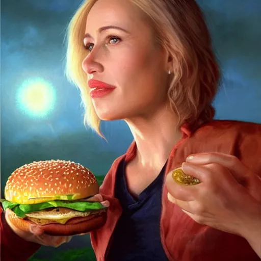 Prompt: portrait of patricia arquette eating giant hamburgers, extra bacon lettuce and tomatoes, ethereal volumetric light, hyperrealist, an oil painting by ross tran and thomas kincade