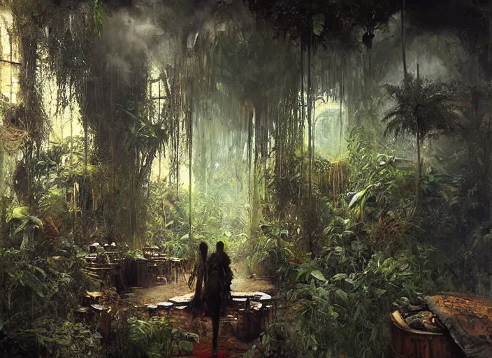 Image similar to interior shot of a lush jungle with two steam punk explorers navigating the harsh terrain, masterpiece, painterly, art by artem demura, emotion, fantasy art,